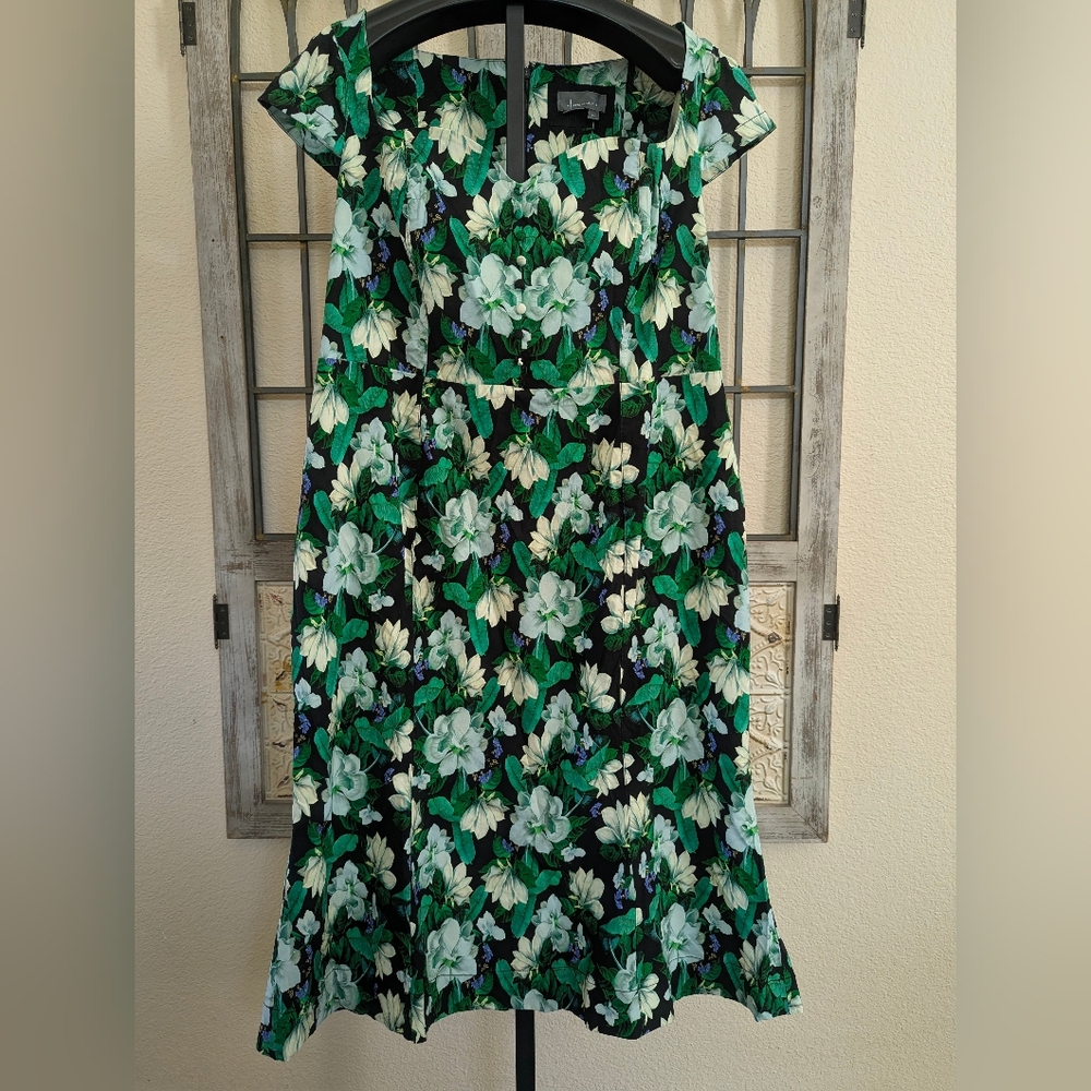 New Anthropologie Floral Midi Dress with Green & White Bloom Print Size 3x